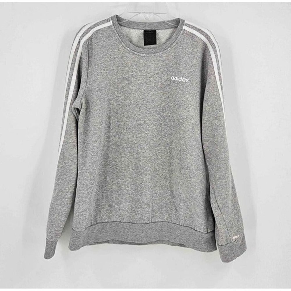 Adidas Womens Pullover Heathered Gray 3 Stripe Arm Sweatshirt Logo on Chest M